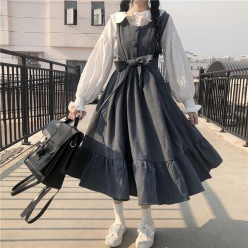 Japanese college style sweet high waist straps ruffled strap dress shirt gothic lolita dress women kawaii clothing loli jsk