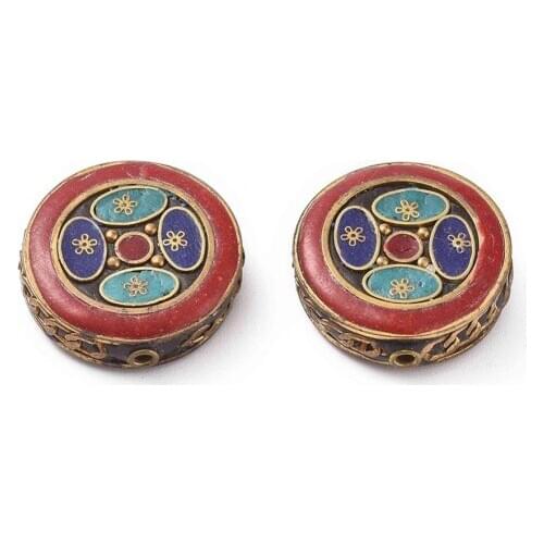 2Pcs Handmade Indonesia Beads Flat Round Beads with Brass Findings For DIY Bracelet Necklace Jewelry Making 28~30x9mm