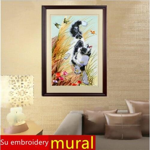 Mural Su Embroidered Cat Play Butterfly Indoor Living Room Study Tea Restaurant Wall Painting Housewarming Gift Painting SP086