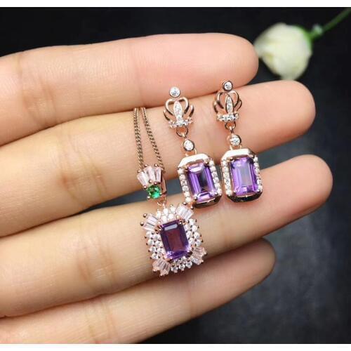 Natural amethyst Pendant earrings Natural Purple crystal Jewelry Set S925 Silver elegant square crown woman girl party jewelry