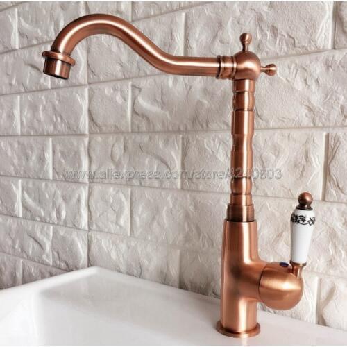 Kitchen Faucets Antique Red Copper Faucet Brass Swivel Spout Kitchen Faucet Single Handle Vessel Sink Mixer Tap Knf412