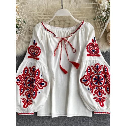 Womens Retro Blouse National Style Embroidered Lace-Up Tassel V-Neck Lantern Sleeve Tops Loose All-Match Female Blusa PL536