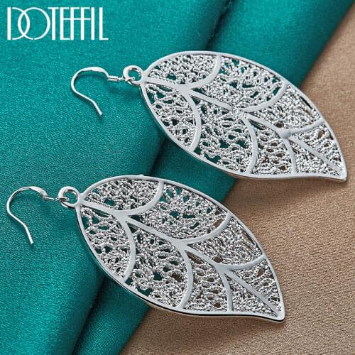 DOTEFFIL 925 Sterling Silver Hollow Leaves Earrings Charm For Women Lady Fashion Wedding Engagement Party Jewelry