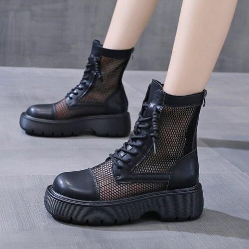 Lucyever New Breathable Mesh Ankle Boots Women Autumn Patchwork Thick Bottom Platform Boots Woman Round Toe Lace-up Short Botas