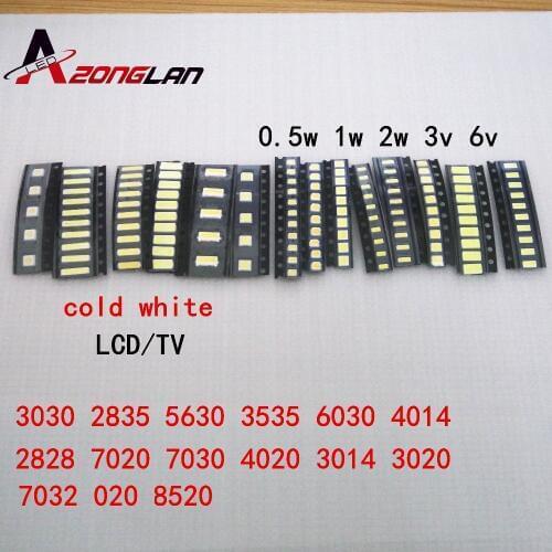 1W SMD LED Kit 3V/6V 2835/3030/2828/3535/5630/7020/7030/4020 Cold white For TV Backlight Beads 26 values *10pcs=260PCS