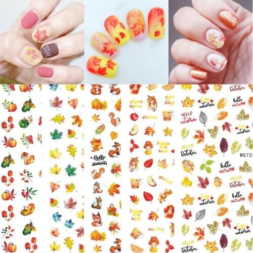 10PCS New Apple Fox Maple Leaf Nail Sticker Yellow Leaf Pumpkin Nail Art Transfer Decorative Adhesive Decal Sticker