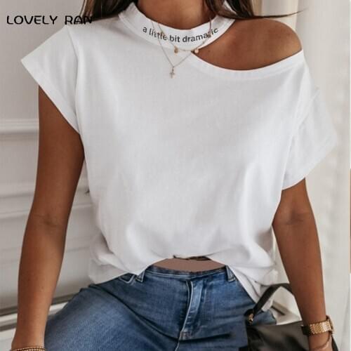 100% Cotton Womens T-shirts Y2K Letter Print Dramatic Cold Shoulder Shirt Short Sleeve O-Neck Girl Summer Tee Casual Streetwear