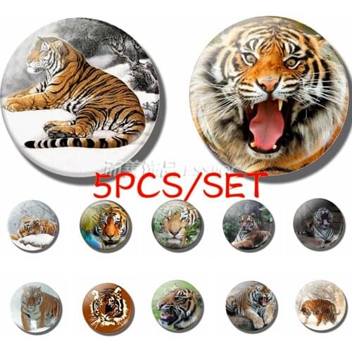 5PCS/SET Tiger Animal 25MM Glass Dome Cabochon King of The Forest Animal Fashion Accessories Making Pendant Gift