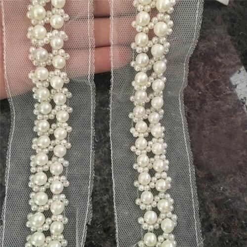 5yards Fake Pearl Beaded Lace Trim Vintage Mesh Fabric Lace Ribbon Clothing Accessories Decorative Collar Lace Applique 2cm Wide