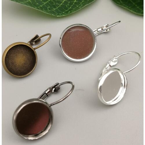 50pcs 12MM Brass Silver/White K/Antique Bronze/Gold/Rose Gold/Gun balck Round Blank Drop earrings Cameo cabochons base setting