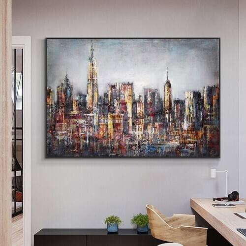 Abstract Large Size City Building Painting 100% Hand Painted Oil Painting On Canvas Modern Wall Art For House Decoration