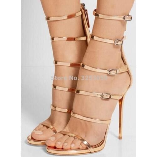 ALMUDENA Gold Heels Rose Patent Leather Buckle Strap High Heel Sandals Stiletto Heel Dress Shoes Prom Sandals Nightclub Shoes
