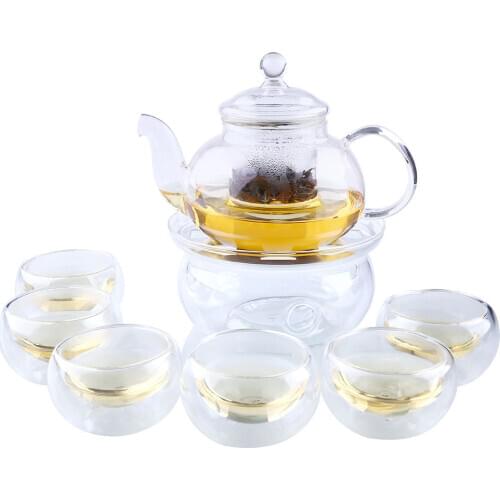 Tea Set Clear Glass 800ml Teapot+Warmer+6 Cup Pot Infuser Double Wall Kitchen Supplies Dropshipping New Hot