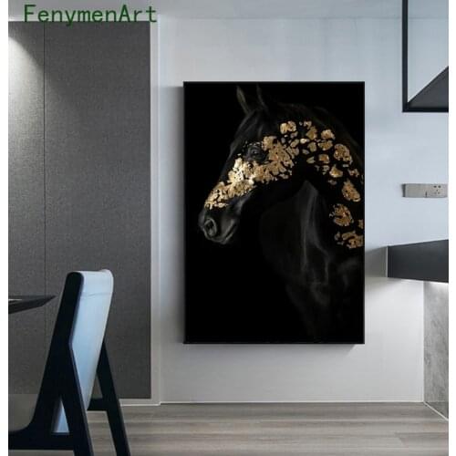 Black And Gold Horse Canvas Painting Animal Posters And Prints Modern Wall Art Pictures For Living Room Decor
