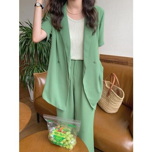 Summer Womens Green Pant Suits Casual Two-Piece Set Solid Thin Short Sleeve Blazer Jacket Loose Wide Leg Pants Female Outfit