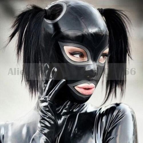 Unisex Women Latex Mask Sexy Hood Rubber Pull-through Holes For Hair Pigtails Plus Size Customize Service RLM194