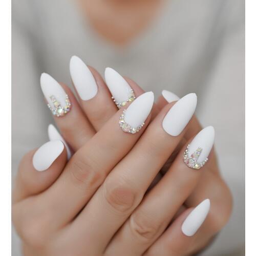 Matte Custom Fake Nails Craft White Decorative Luxury Nails Stiletto Rhinestones Designed Fingernails with Glue sticker 24pcs