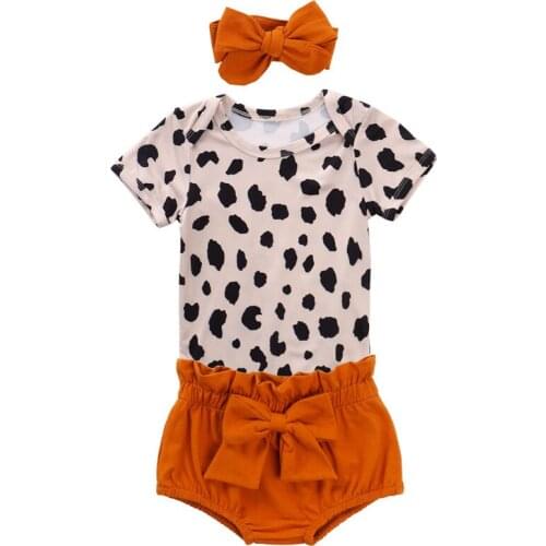 Cute Infant Girl Clothing Set Short Sleeve Romper+Leopard Print Elastic High Waist Shorts+Bowknot Hairband Summer Cool Clothes