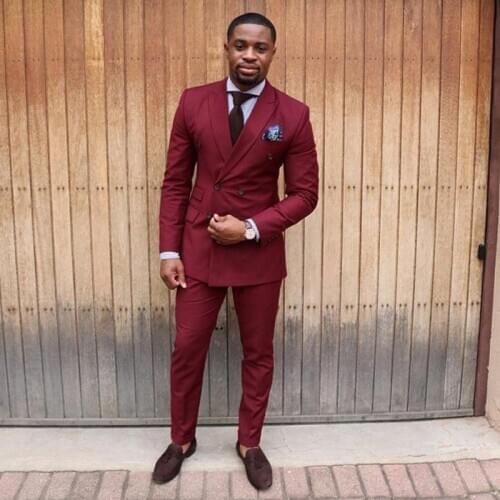 ANNIEBRITNEY Double Breasted Burgundy 2 Piece Slim Men Formal Suit Groom Wedding Tuxedo Custom Prom Wedding Business Men Suit