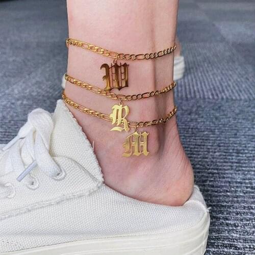 New!Custom Old English Initial Anklet For Women Boho Gold Chain Stainless Steel A-Z Letter Anklets Bracelet Summer Beach Jewelry