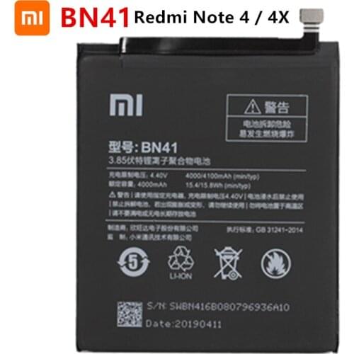 Xiao mi 100% Orginal BN41 4100mAh Battery For Xiaomi Redmi Hongmi Note 4 / Redmi Note 4X Batteries