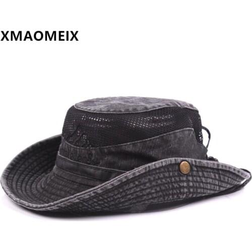 XMAOMEIX New Spring And Summer Mens Bucket Hats 100% Cotton Mesh Breathable Fishing Caps Wind Rope Fixed Beach Hat Men Flat Cap