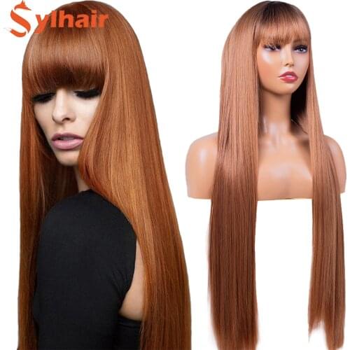 Sylhair Long Synthetic Straight Wig with Bangs Black White Ombre Wigs for Women