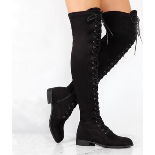Parkside Wind Women Boots Shoes Sexy Lace Up Over Knee Boots Women With Square Heel Rubber Boots Plus Size 34-43