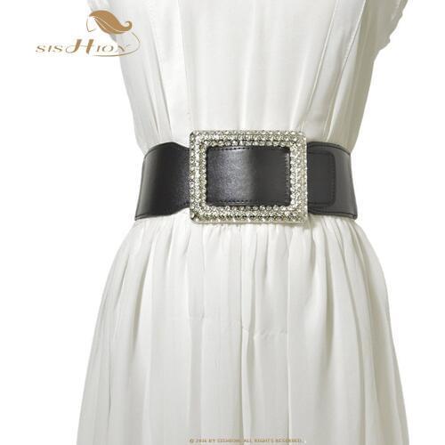 SISHION Vintage Rhinestone wide belt Black White ladies retro square knot PU Leather Belts for women SP0243