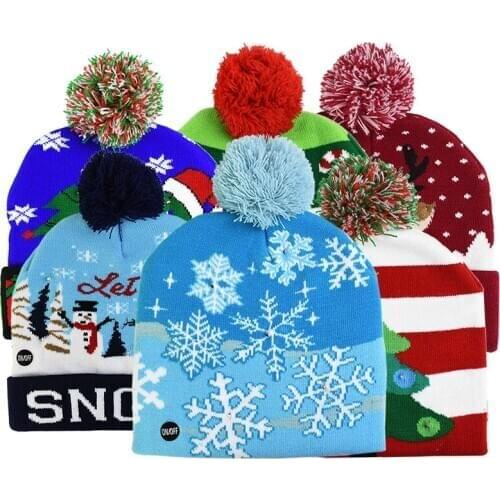 Christmas LED Knitted Hat Beanie Snowman Snowflake6 Elk Light Up Knitted Hat for 2021 New Year Christmas Decoration