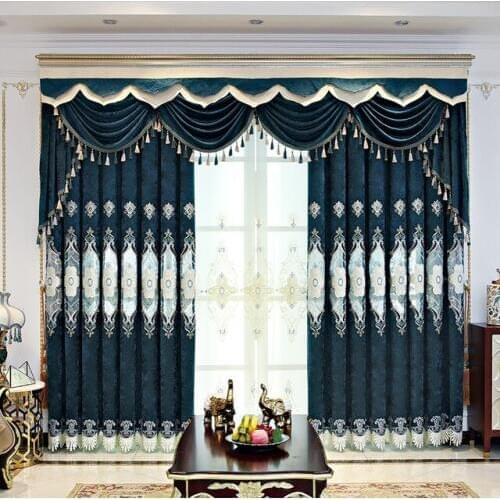Blue high quality fabric embroidery curtains for living room European luxury embroidered tulle Window Curtains Fabric Drapes