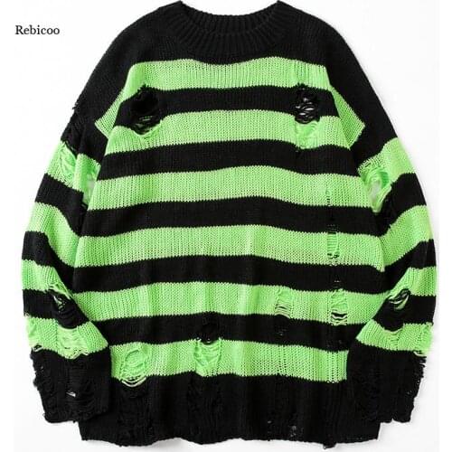 Striped Sweaters Women Punk Unisex Sweater Autumn Hollow Out Hole Broken Jumper Loose Oversized Pullouvers Harajuku Streetwear
