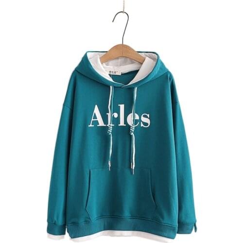 Green Letter Embroidery Drawstring Hoodies Pocket Hooded Sweatshirt Women 2021 Winter Full Sleeve Korean Fashion Female Tops