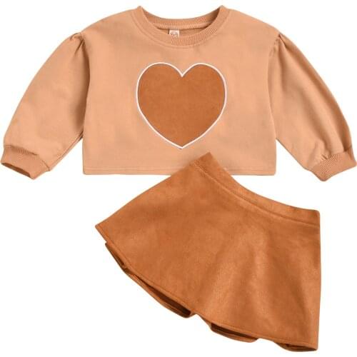 Citgeett Spring Infant Baby Girls Two-Piece Set Love Heart Pattern Pullover Elastic Short Skirt Brown Autumn Set Clothes