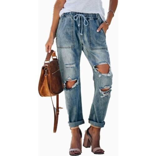 Vintage Boyfriend Jeans For Women High Waist Loose Ripped Jeans Femme Denim Pants Streetwear Plus Size Hole Drawstring Jeans