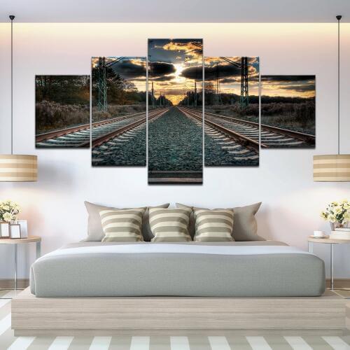 Vintage poster of train track landscape canvas painting 5 piece traditional art scenery picture for living bedroom decor