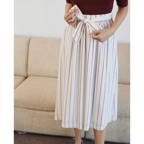 Jacquard Stripes Print Women Midi Skirt 2021 Early Spring Simple Elegant Long Skirts With Sashes