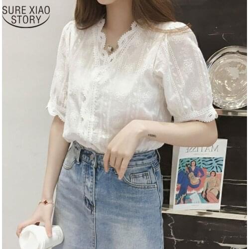 Summer Short Sleeve Lace Shirt New Fashion V Neck Lace Hollow Womens Blouse Plus Size Sweet Embroidery Slim White Tops 13487