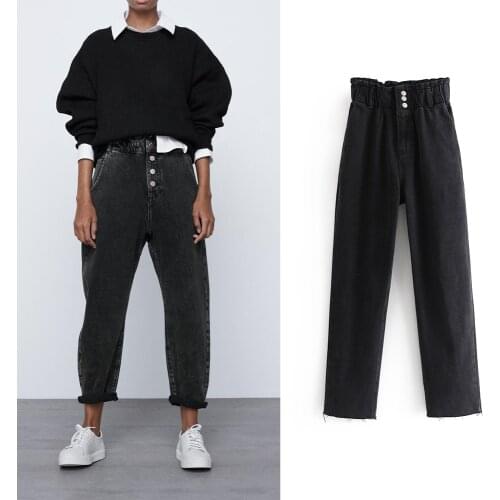 Women Black Jeans Za Spring Chic Elastic Ruffle Trim Button Trousers Fashion 2021 Zipper Fly Wide Leg High Waist Jeans Female