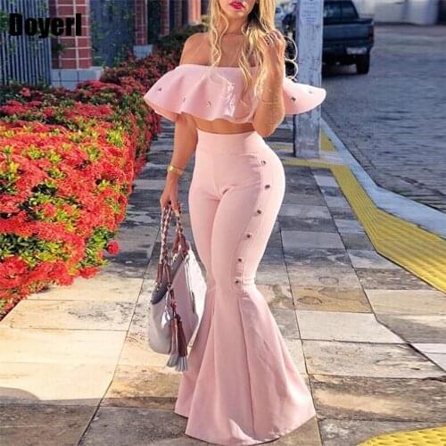 Women Ruffle Sexy Two Piece Set Top and Pants Off Shoulder Crop Top Elegant Pink 2 Piece Matching Set Outfits Flare Pants Set