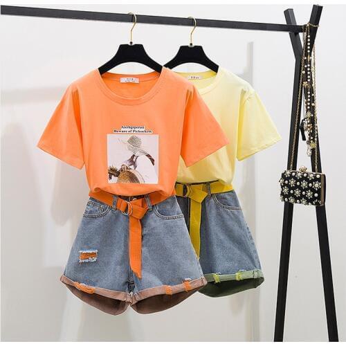 2020 Summer Fashion neon Twinset Women Patchwork Strap Short Sleeve Cotton T-Shirt + Hole Short Jeans Set 2PCS Clothing Set