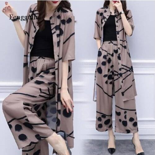 Large size casual suit women summer new fashion womens chiffon cardigan shirt + wide-leg pants two-piece suit