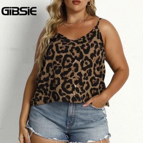 GIBSIE Plus Size New Fashion Cute Leopard Print Cami Top Women V Neck Spaghetti Strap Tops Korean Casual Summer Clothes XXXL 4XL