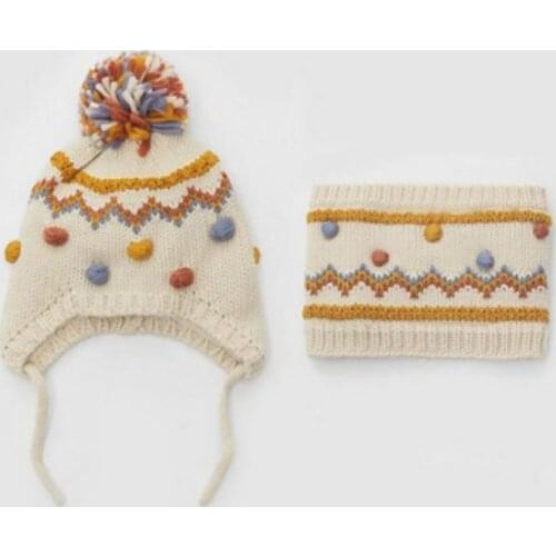 2pcs set Winter Baby Double Layer Hat and Infant Clothes Accessories Knitted Boys and Girls Warm Round Ball 6M To 6 Years,#5718