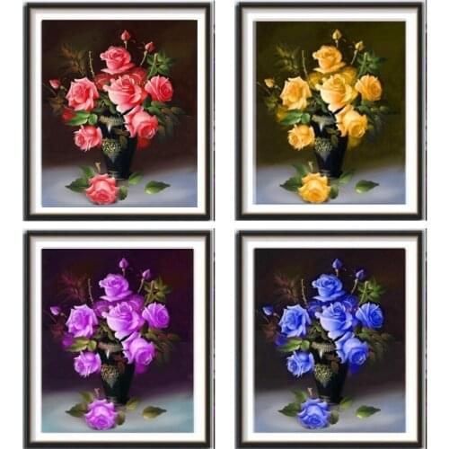 5D diamante pintura rosa flor florero redondo diamante mosaico decoración del hogar patrón DIY hecho a mano regalo de año nuevo