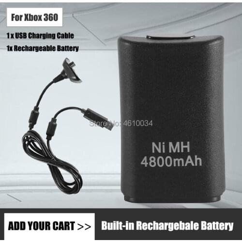4800mAh Battery Pack + USB Charger Cable For XBOX 360 Wireless Controller Gamepad Battery Ni-MH Rechargeable Batteries