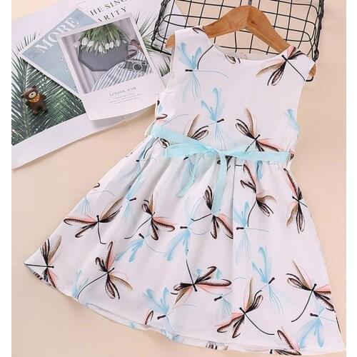 Childrens Dress Summer Dress Floral Girls' Sleeveless Dress Round Neck Breathable White Girls Dragonfly Printing Dress 2021