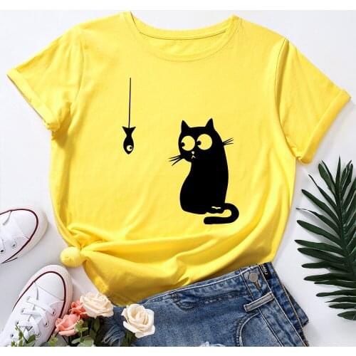 Cartoon Funny Cat Fish Print TShirt New Summer Women T-shirt Casual O Neck Short Sleeve 100%Cotton Tee Shirt Female Graphic Tops