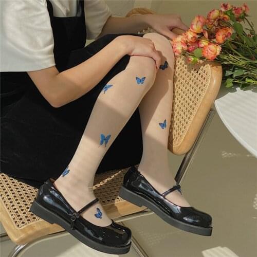 SP&CITY Blue Butterfly Transparent Thin Pantyhose Patterned Sexy Print Women Stockings Spring Summer Lolita Girls Tights Hosiery