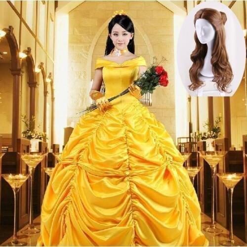 Hot Moive Beauty And The Beast Belle Princess Yellow Top Quality Cosplay Costume Dress For Adults Women Long Dress Sexy Costumes